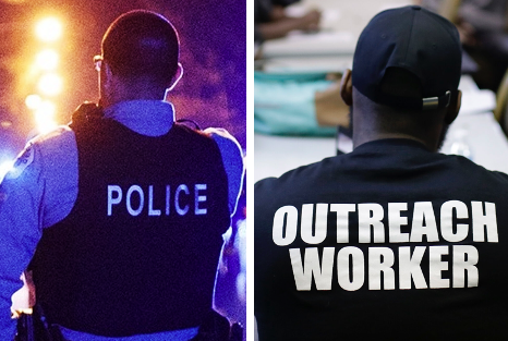 A police officer and an outreach worker are pictured side by side.