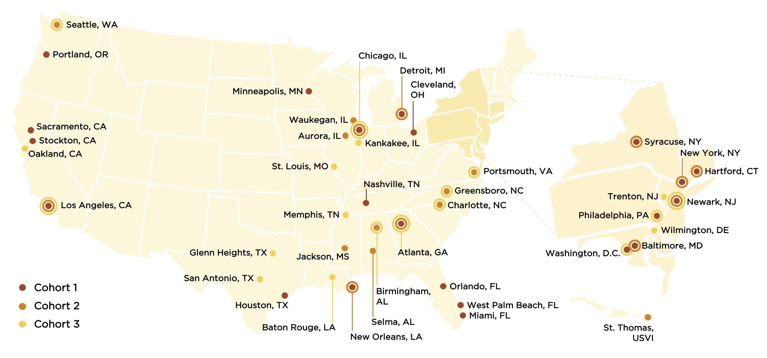 United States map showing locations of CVILA students and alumni from the first three cohorts.