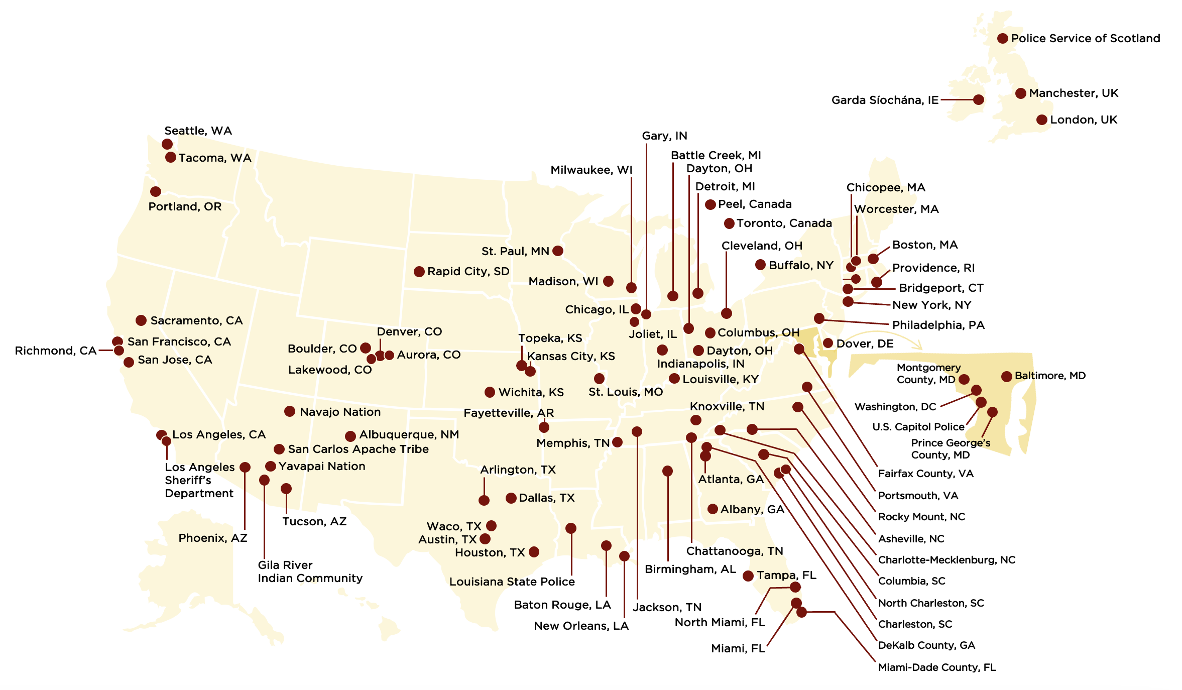 A map of all participating localities in the Policing Leadership Academy as of August 2025.