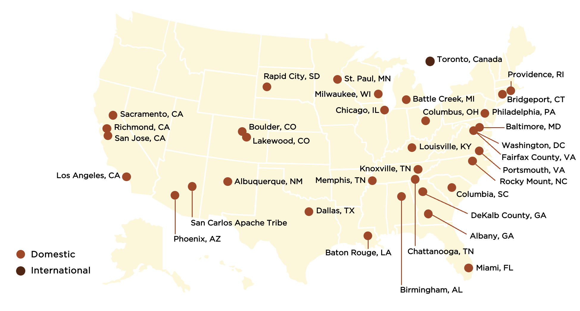 US map showing the localities of the PLA's fourth cohort of participants