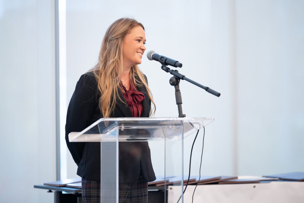 Captain Stephanie Drescher speaks at the Policing Leadership Academy graduation in October 2023.