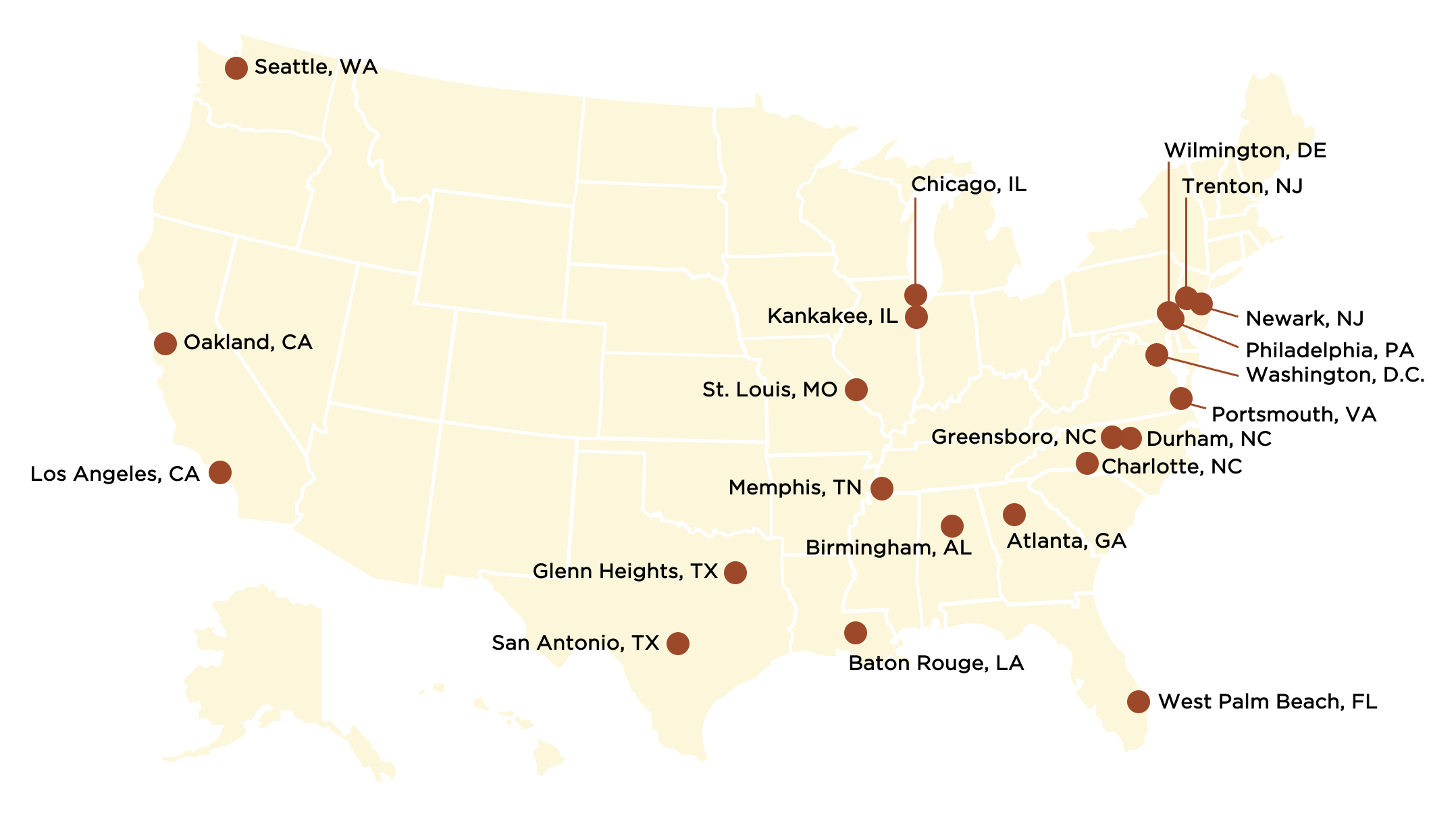 United States map showing locations of the CVILA's third cohort of students.