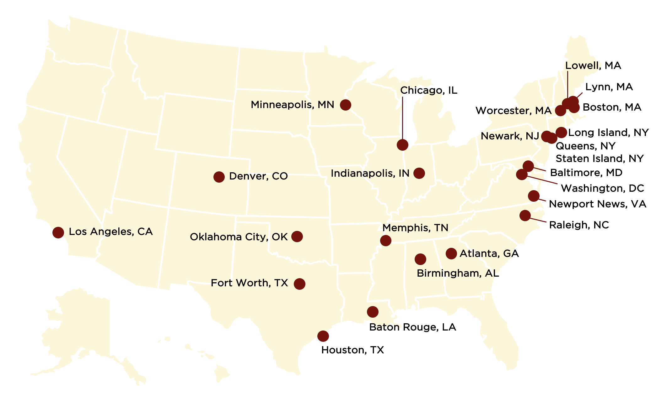 United States map showing participating localities in the CVILA's fourth cohort.